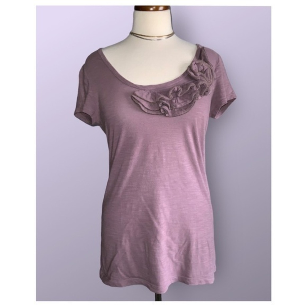 Loft Purple Round Neck Short Sleeve Beaded Ruffle 100% Cotton Casual M